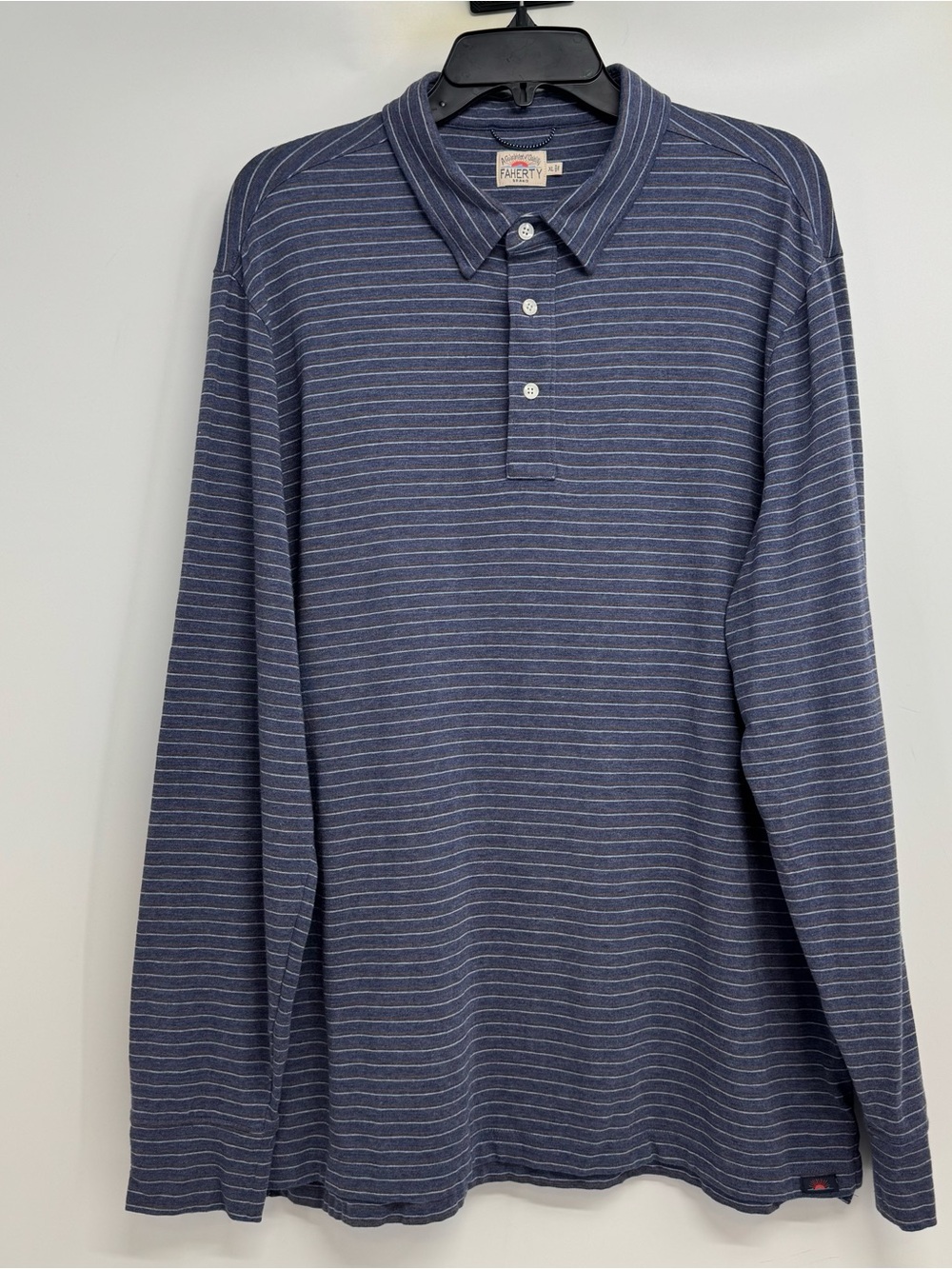 Faherty Mens XL Movement Long Sleeve Polo Shirt Blue Striped Stretch